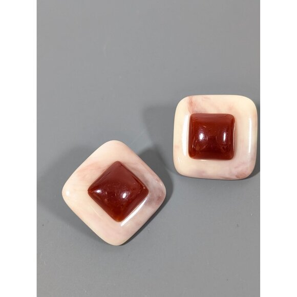 Vintage Faux Amber Lucite Square Geometric Earrings Bold Statement - Picture 3 of 7